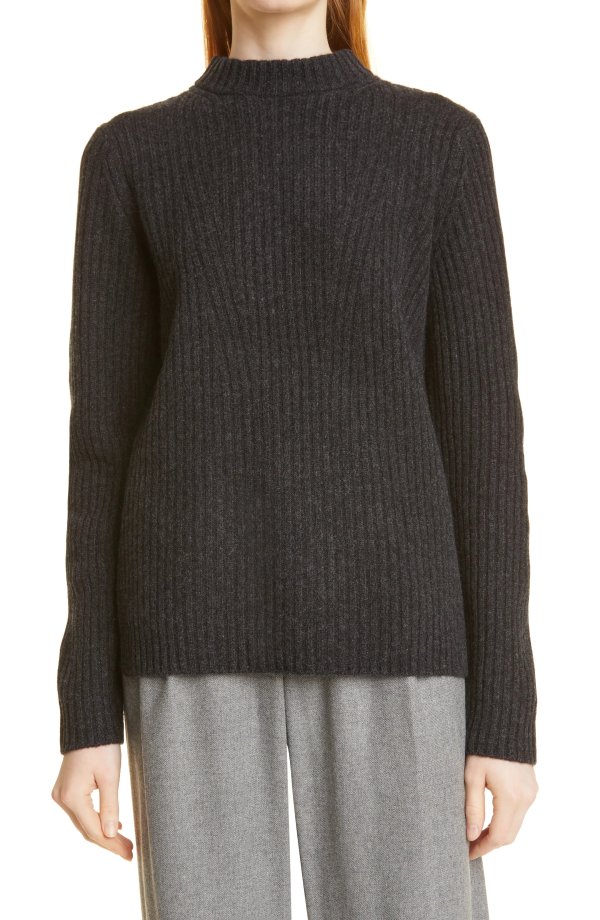 Ribbed Wool & Cashmere Mock Neck Sweater