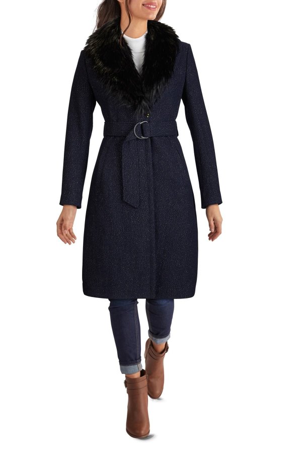 Faux Fur Shawl Collar Belted Wool Coat