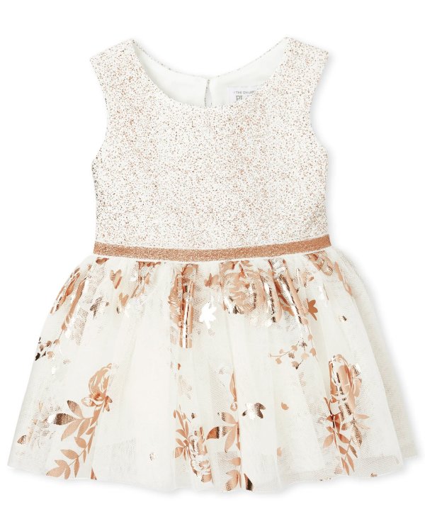 Baby Girls Easter Sleeveless Foil Rose Gold Print Knit To Woven Bodysuit Dress