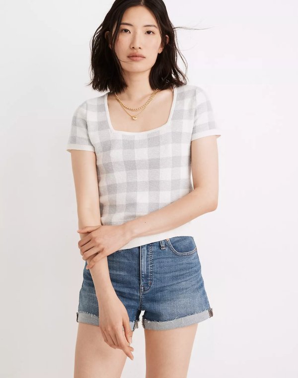 Square-Neck Sweater Tee in Gingham