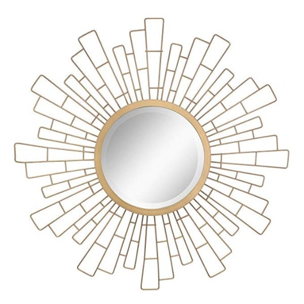 Round Decorative Antique Gold 23" Geometric Metal Sunburst Hanging Mirror for Wall, Modern Boho Decor for the Living Room, Bathroom, Bedroom, and Entryway