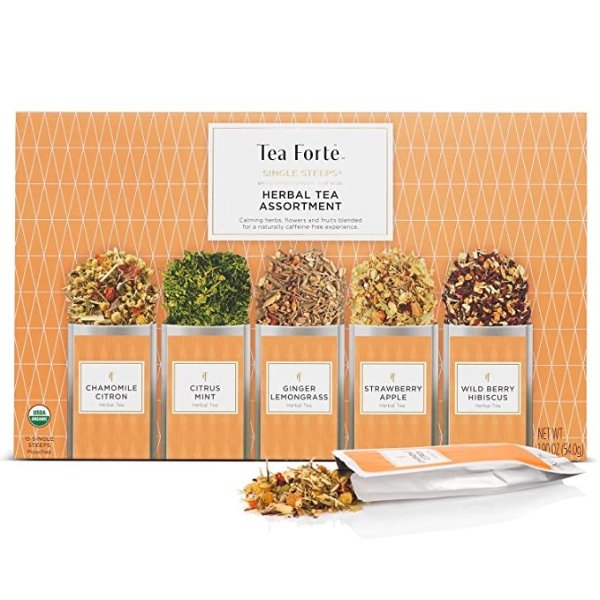 Organic Herbal Tea Sampler, Single Steeps Loose Leaf Tea Gift Box Variety Pack of 15 Single Serve Pouches with Naturally Decaffeinated Herbal Teas