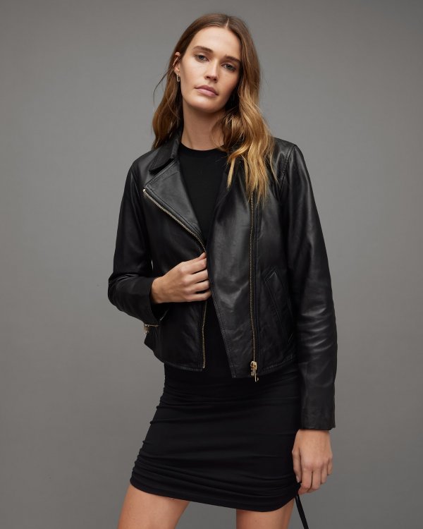Vela Asymmetric Zip Leather Biker Jacket Black | ALLSAINTS US
