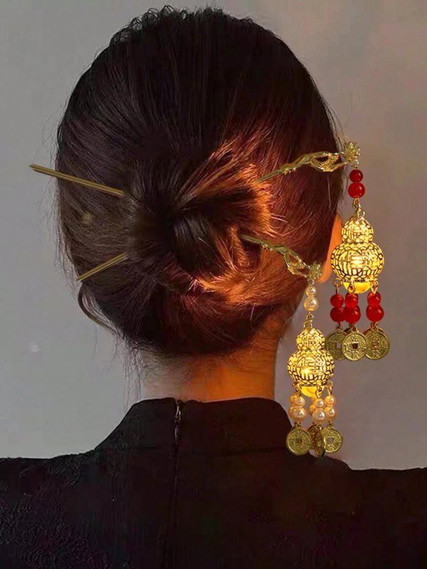 1pc New Chinese Style Geometric Lotus Shaped Hairpin, Golden Fortune Coins & Gourd Shaped Decorated Lantern, Lucky & Luxury Festive Tassel Design Hairpin, Palace Style, Suitable For Ancient Chinese Clothing & Elegant Dresses & Daily Wear & Retro Style & Sweet Campus Style & Parties & Gifts & Valentine's Day & Makeup Accessory For Women