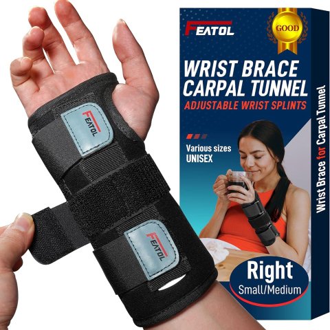 FEATOL Wrist Brace for Carpal Tunnel, Adjustable Night Wrist Support Brace with Splints Right Hand