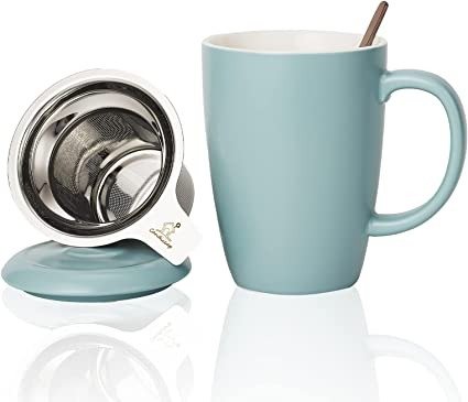 Ceramics Tea Cup with Loose Leaf Infuser, Spoon and Lid, 13oz, Candiicap Large Tea infuser Mug for Tea, Coffee, Milk-Microwave and Dishwasher Safe(13oz,Matte Blue)