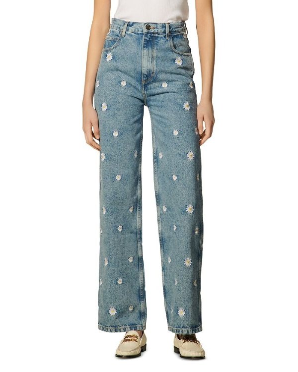 Flower Embroidered Ankle Jeans in Blue Jean