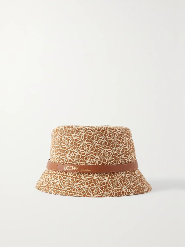 Leather-trimmed cotton-blend jacquard bucket hat