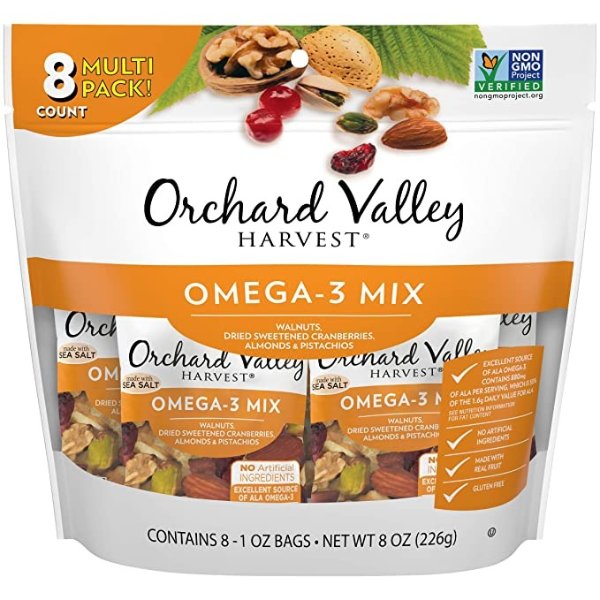 Omega-3 Mix, 1 Ounce Bags (Pack of 8), Walnuts, Cranberries, Almonds, and Pistachios, Gluten Free, Non-GMO, No Artificial Ingredients