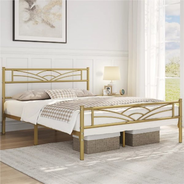 Yaheetech Metal Platform Bed with Cloud-inspired Design,Queen,Antique Gold