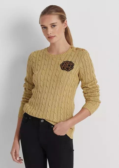 Metallic Button Trim Cable Knit Sweater