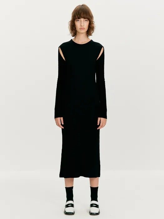 Shoulder Cut Long Knit Dress_Black