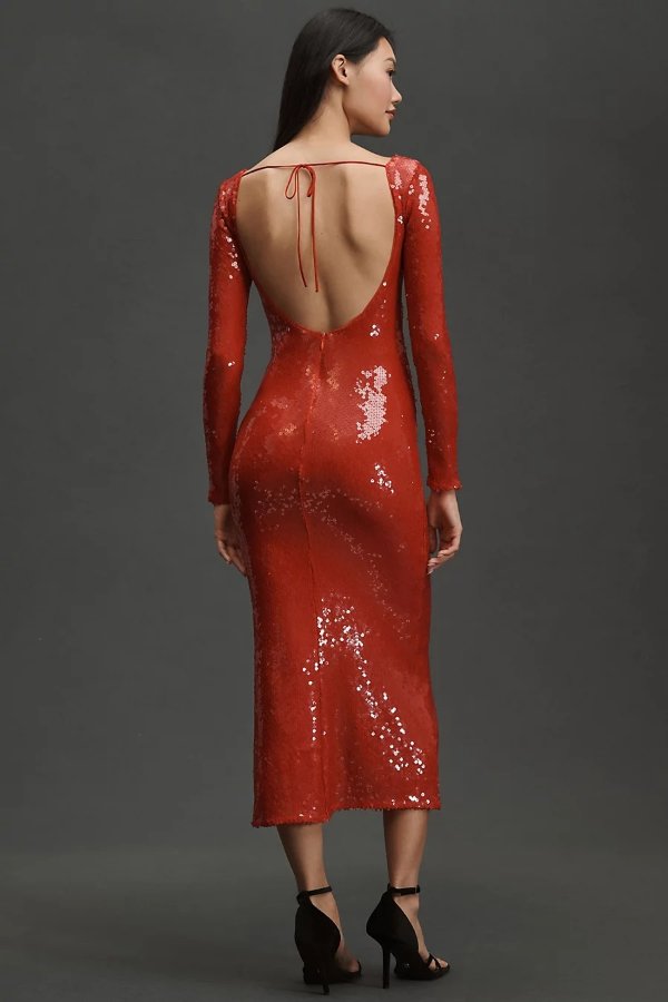 Verona Long-Sleeve Sequin Slim Midi Dress