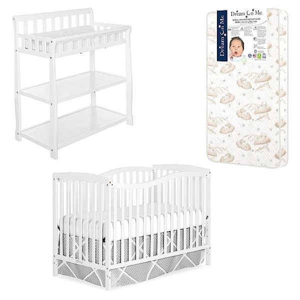 Nursery Essentials Bundle ofChelsea 5-in-1 Convertible Crib,Ashton Changing-Table, with aTwilight 5” 88 Coil Inner Spring Crib and Toddler Mattress
