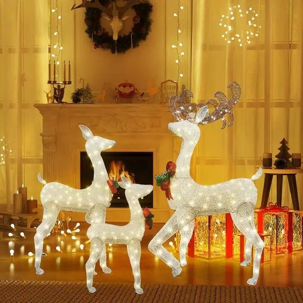 Grondin 3-Piece LED Lighed Christmas Deer Family Set Outdoor Holiday Deer Light Display Set with 230 LED Lights - White