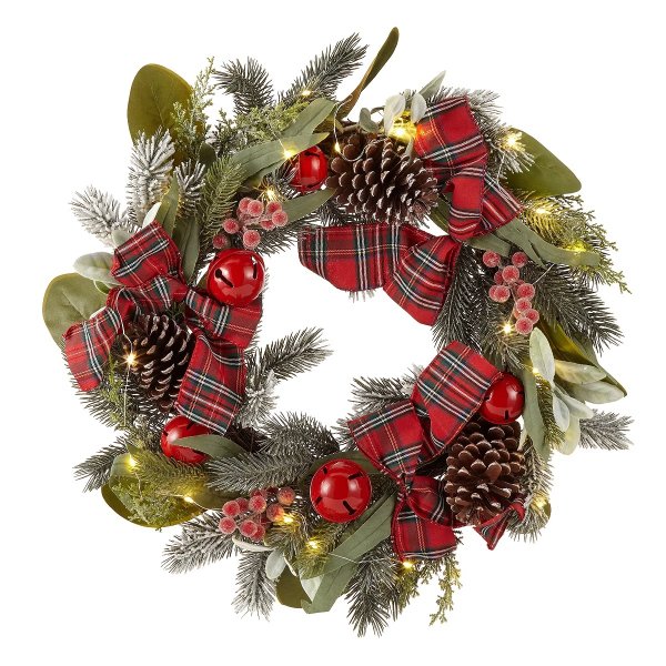 North Pole Trading Co. 24" Led Red Tartan With Bells Indoor Christmas Wreath