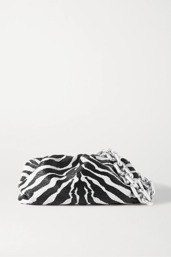 The Pouch chain-embellished gathered zebra-print textured-leather clutch