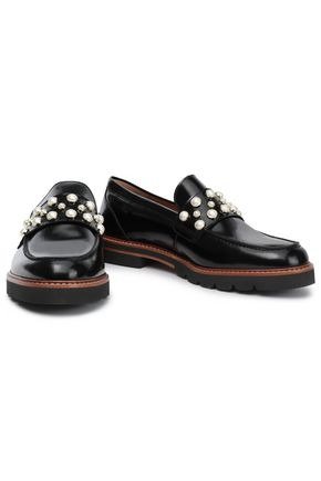 Faux pearl-embellished glossed-leather loafers
