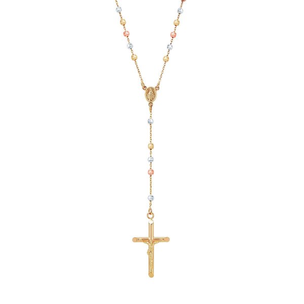 Tri-Color Gold Diamond Cut Rosary Necklace