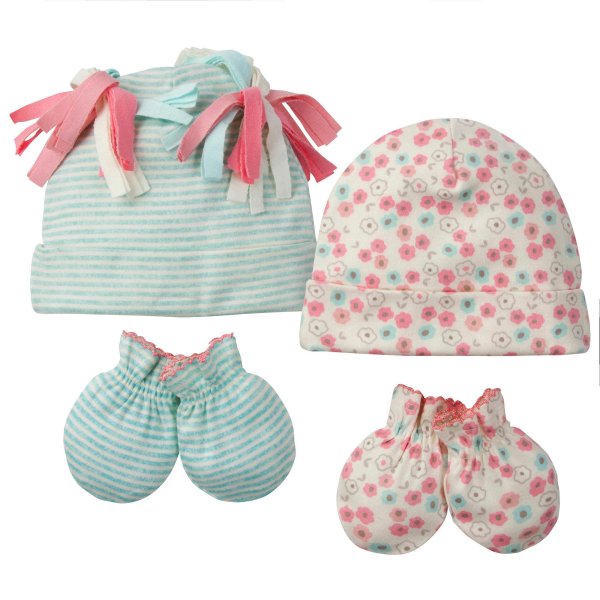 ® 4-Piece Baby Girls Floral Organic Caps and Mittens Set