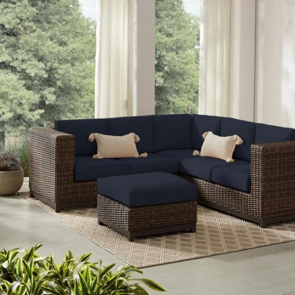 Fernlake 4-Piece Taupe Wicker Outdoor Patio Sectional Sofa with CushionGuard Midnight Navy Blue Cushions