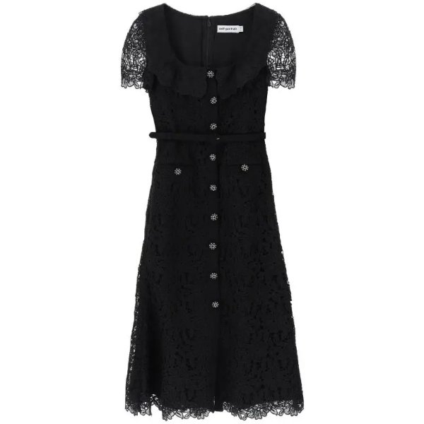 "mid-length guipure lace dress with jewel