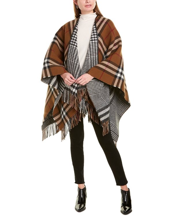 Reversible Leather-Trim Check Wool Cape