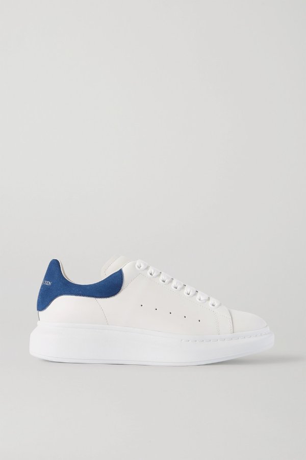 Two-tone suede-trimmed leather exaggerated-sole sneakers