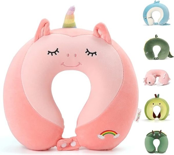 Niuniu Daddy Neck Pillow for Traveling,Pure Memory Foam Travel Neck Support Pillows for Airplane, Car Headrest Sleep - Age 8+ Children Including Adults,Unicorn