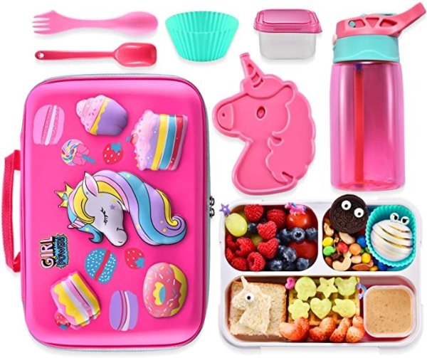 COO&KOO Unicorn Lunch Bag Lunch Box Set, Insulated Lunch Bag with 3 Compartment Bento Box Ice Pack Water Bottle Silicon Cap Spoon Salad Container for Lunch Kid's School Supplies Ideal for Age 7-15
