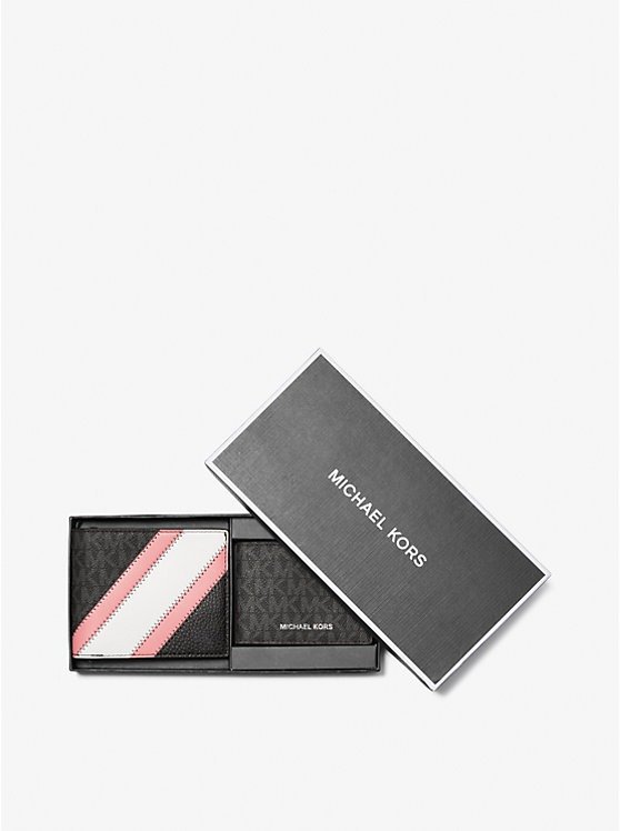 Logo and Faux Leather Stripe Wallet With Passcase Gift Set