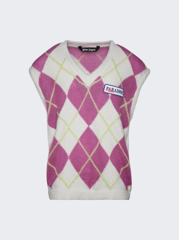 Palm Angels Brushed Argyle Knitted Vest Pink And White