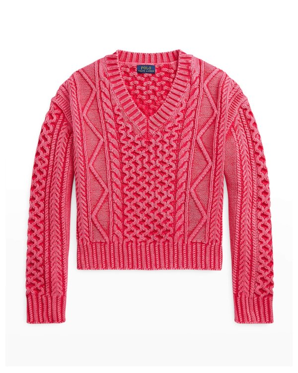 Aran-Knit Side-Tie Pullover, Hot Pink