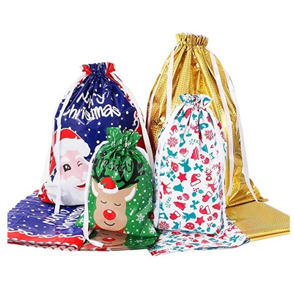 Christmas Drawstring Gift Bags 30pcs Assorted Christmas Gift Wrapping Bags Upgraded Christmas Goodie Bags for Birthday Christmas Party