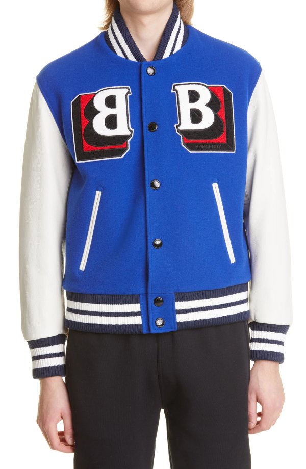 Felton B Logo Leather Sleeve Wool Blend Varsity Jacket