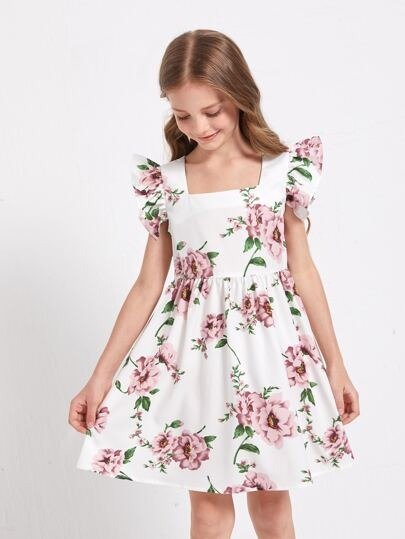 Girls Floral Print Ruffle Sleeve Flare Dress