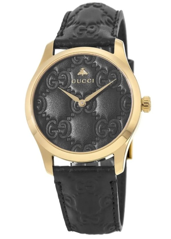 G-Timeless Gold Tone Steel Black Dial Leather Strap Women's Watch YA1264034A