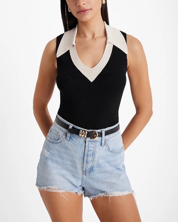 Silky Soft Fitted Tipped V-Neck Polo Sweater Tank