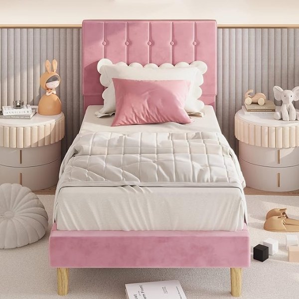 Twin Bed Frames, Velvet Upholstered Platform Bed Frame with Headboard and Strong Wooden Slats, No Box Spring Needed/Noise-Free/Easy Assembly, Pink