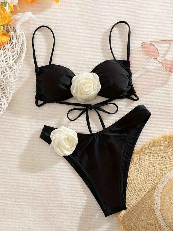 3D Floral Decor 2 Piece Set Bikini, Spaghetti Straps Backless High Cut Swimsuits, Women's Swimwear & Clothing