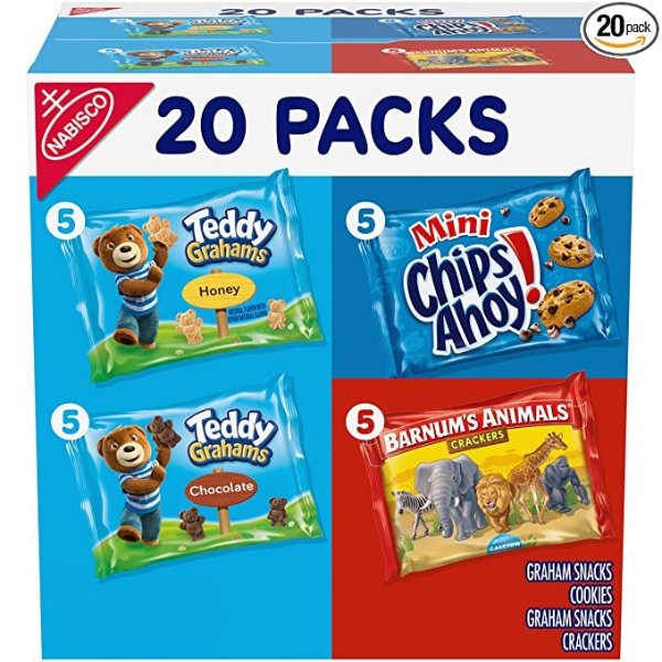 Variety Fun Shapes Assorted Barnum's Animal Crackers, Teddy Grahams and Chips Ahoy! Mini, 1 Ounce (Pack of 20)
