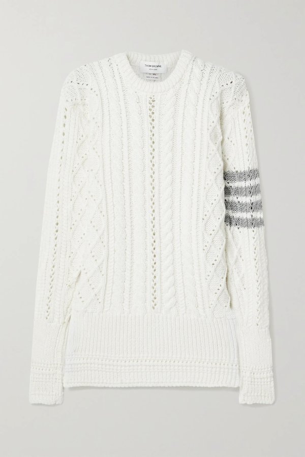 Striped cable-knit merino wool sweater