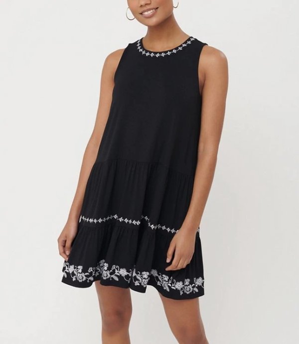 Embroidered Tie Back Tiered Swing Dress | LOFT