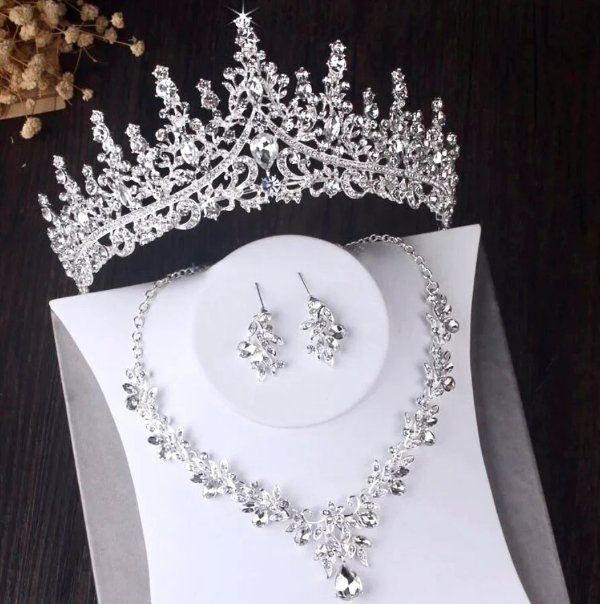 "Gayle" - Silver Cubic Zirconia 3-Piece Bridal Jewelry Set With Tiara