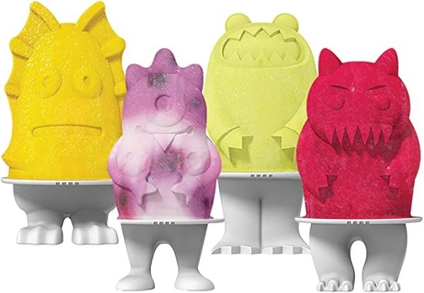 Ice Pop Flexible Silicone Freezer Molds, Set of 4 Unique Monsters, Popsicle Makers With Reusable Sticks, Dishwasher-Safe & BPA-Free, White