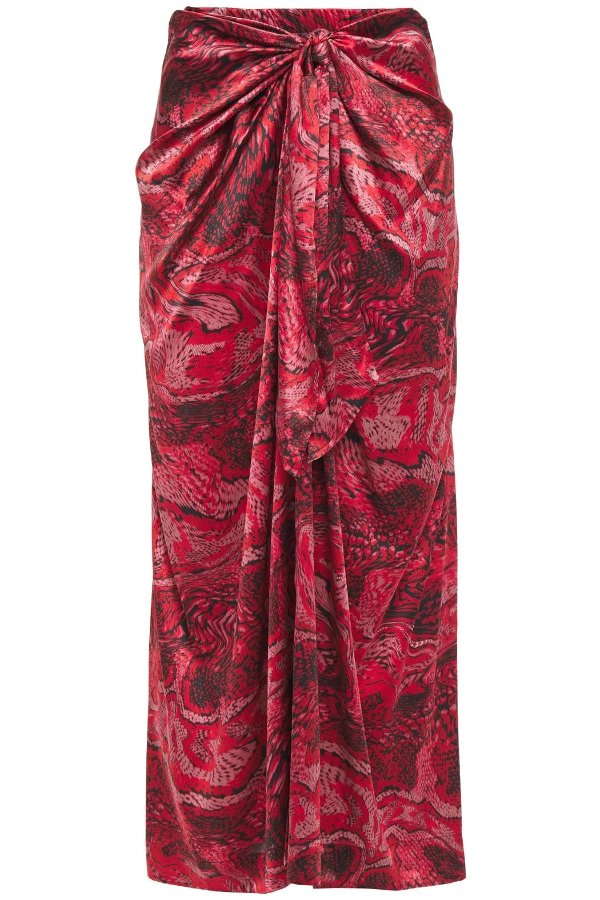 Tie-front printed stretch-silk satin midi skirt