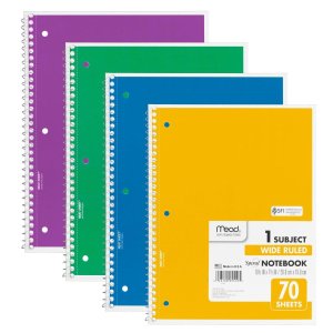 Mead Spiral Notebook 1-Subject, 70-Count, Wide Ruled, COLOR WILL VARY, 4 Pack