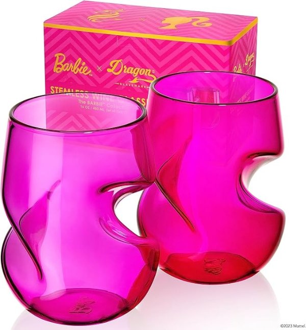 Dragon Glassware x Barbie Stemless Wine Glasses, Pink and Magenta Glass with Finger Indentations, Naturally Aerates Wine, Unique Gift for Wine Lovers, 16 oz Capacity, Set of 2