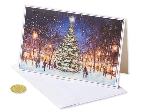6027147 Premium City Street Scene Christmas Boxed Cards and Gold Foil-Lined White Envelopes, 14-Count