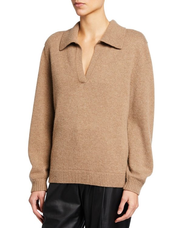 Raglan-Sleeve Cashmere Polo Sweater